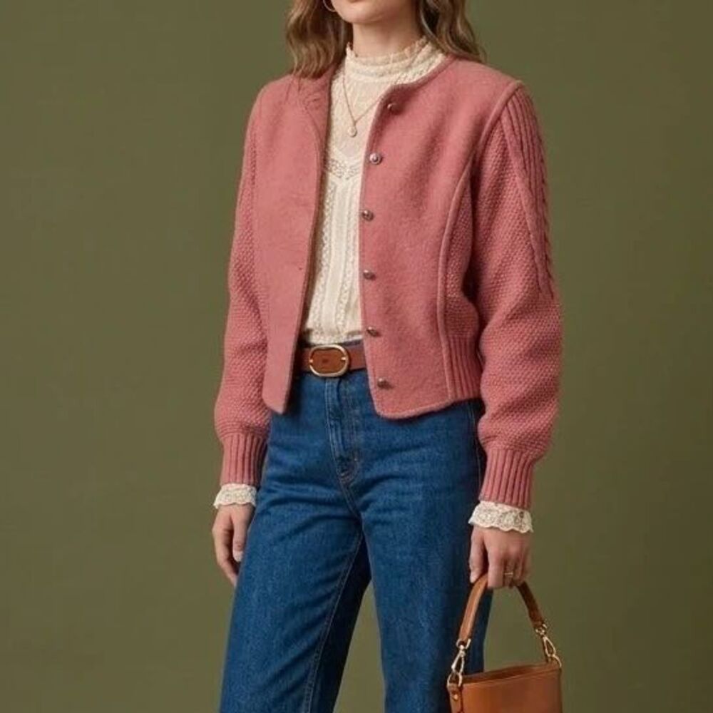 VTG Pink Boiled Wool Cardigan Sweater Metal Silver Buttons Tyrolean Cottagecore